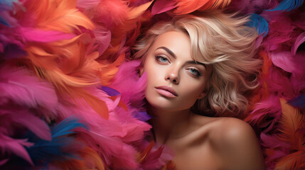 Naklejka premium fashion smiling caucasian vogue model with luscious, juicy lips and feather art