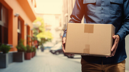 Courier holding cardboard box for delivery. - obrazy, fototapety, plakaty