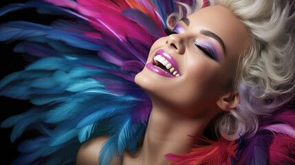 fashion smiling caucasian vogue model with luscious, juicy lips and feather art