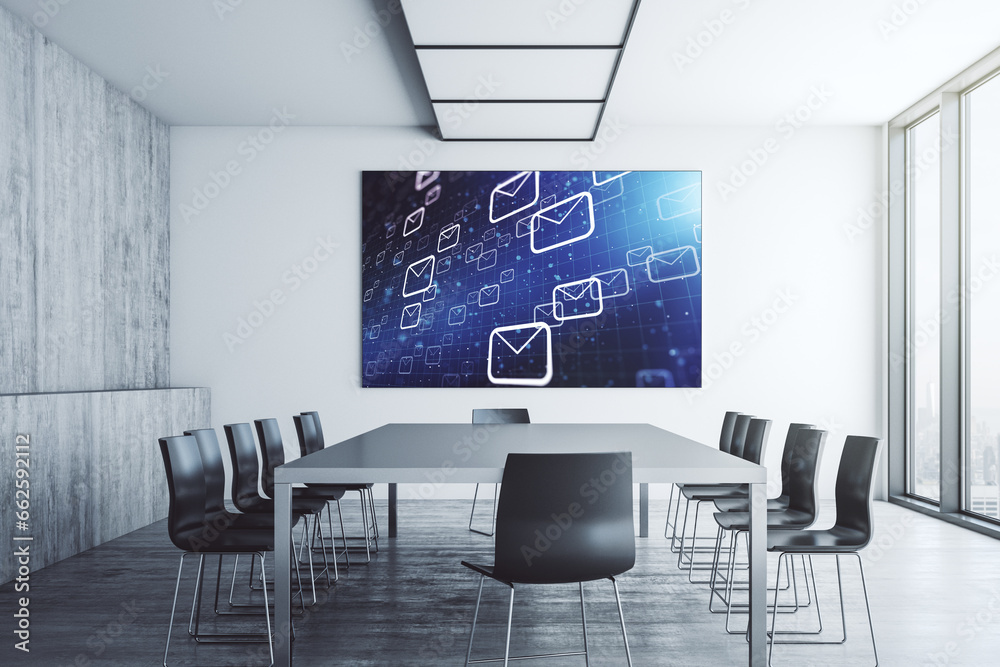 Poster Creative abstract postal envelopes sketch on presentation monitor in a modern boardroom, e-mail and marketing concept. 3D Rendering