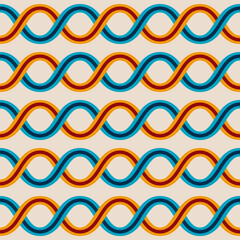 Interlacing wavy lines seamless vector pattern. Modern stylish geometric background. Color vector pattern. Interwoven blue, yellow and red wavy lines. DNA chains pattern.