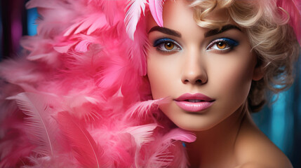 Fototapeta premium fashion smiling caucasian vogue model with luscious, juicy lips and feather art