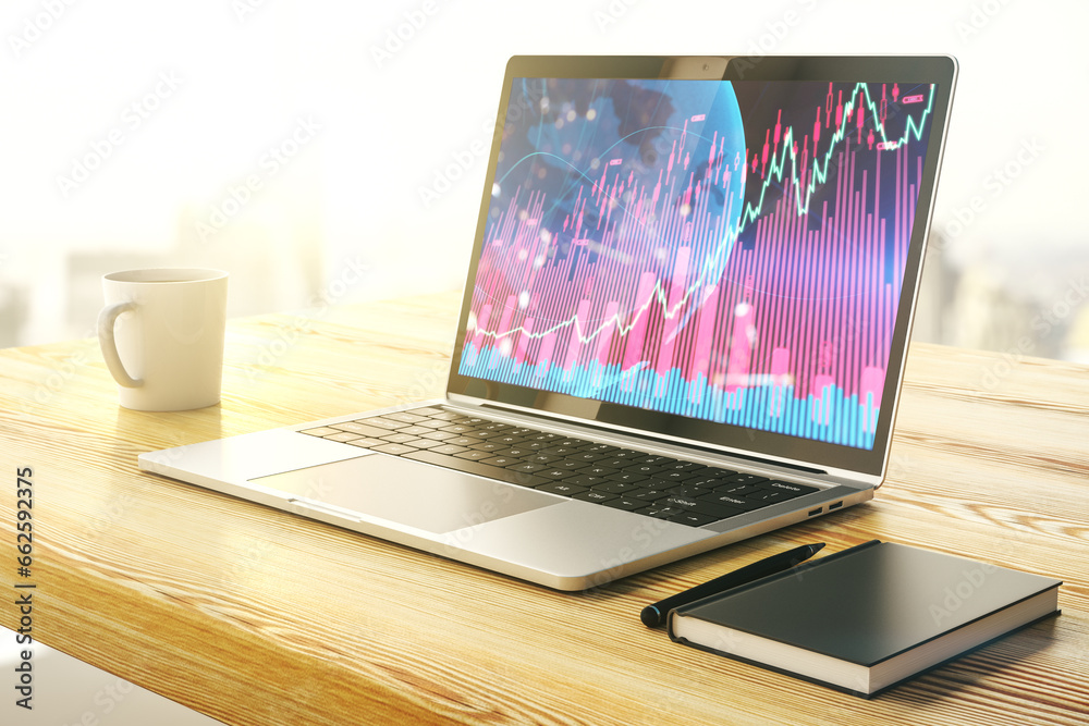 Poster Computer monitor with abstract creative financial graph with world map, financial and trading concept. 3D Rendering