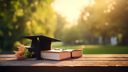 Graduation cap and stack of books on university grounds background.
