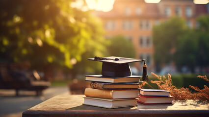 Graduation cap and stack of books on university grounds background. - obrazy, fototapety, plakaty