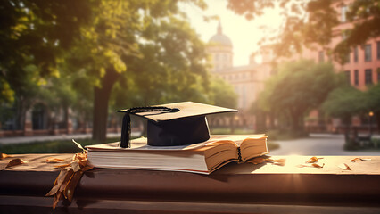 Graduation cap and stack of books on university grounds background.