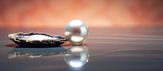 A pearl in a shell on a reflective surface Desaturated photo with soft focus blur grain overexposure and shallow depth of field for effect With copyspace for text