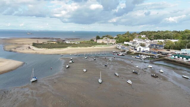Bembridge village Isle of wight Uk drone,aerial boats moored tide with tide out
