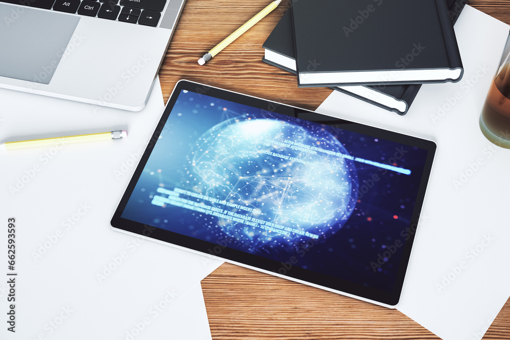 Poster top view of modern digital tablet display with abstract software development hologram and world map,