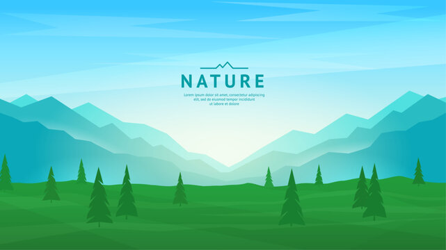 Flat background image. Mountain ranges and peaks, green valleys and trees. Foggy landscape, sunrise. The concept of tourism, hiking, recreation in nature. Vector image.