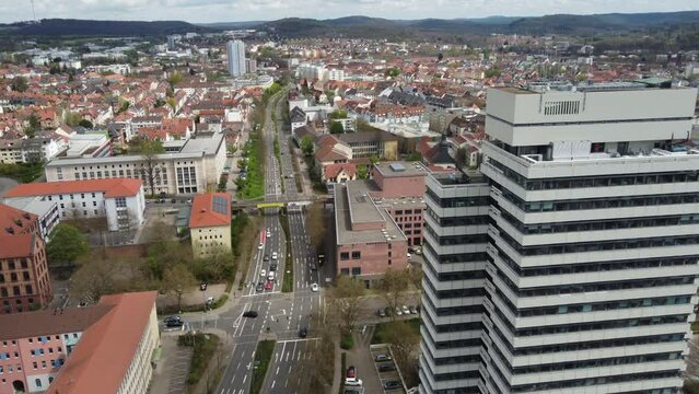 Aerial cityscape view of Kaiserslautern street traffic at town hall and pfalz Theater