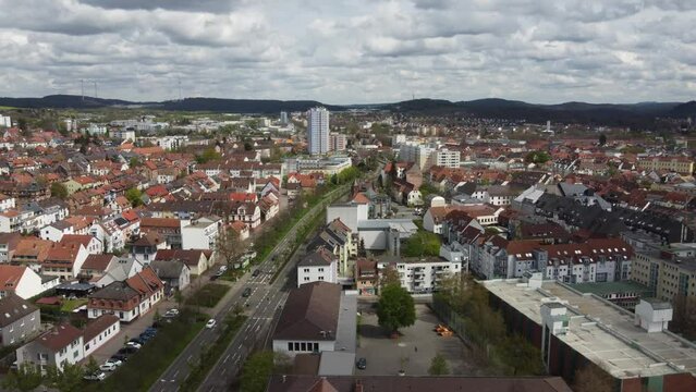 Ludwigstrasse between Benzinoring and old city of Kaiserslautern - Germany. Aerial cityscape