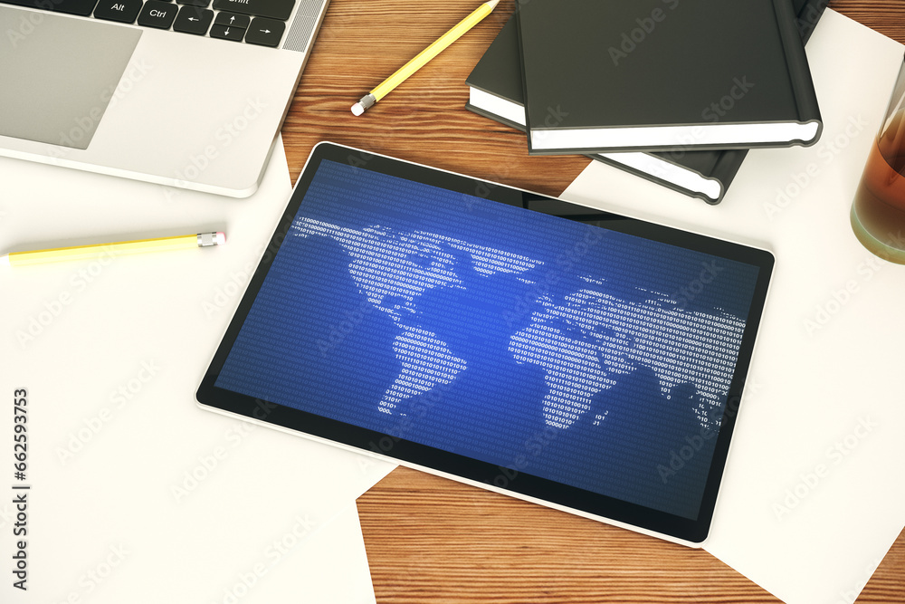 Poster top view of abstract world map on modern digital tablet screen, big data and blockchain concept. 3d 