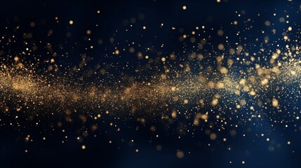 Abstract dark blue and gold particle background. Particles of golden light from Christmas sparkle on a navy background. Gold foil appearance. Holiday