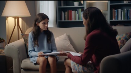 Professional psychologist working with sad, depressed little child. Supportive therapist or school counsellor helping stressed teenage girl who has anxiety issues and troubles with social interaction - obrazy, fototapety, plakaty