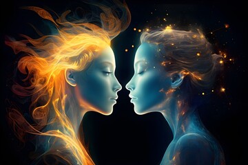 Ethereal Cosmic Connection of Twin Flames. generative ai - obrazy, fototapety, plakaty