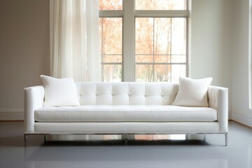 chic, minimalist sofa boasts tufted, snow-white upholstery and gleaming chrome legs.