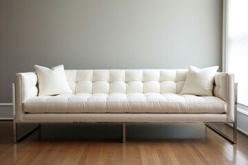 chic, minimalist sofa boasts tufted, snow-white upholstery and gleaming chrome legs.