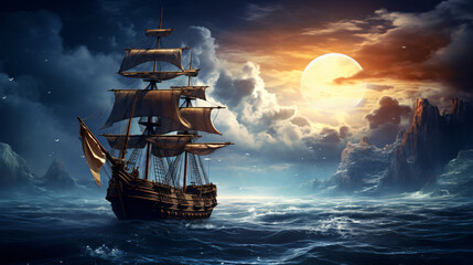 Naklejka premium pirate ship sailing
