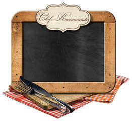 Empty Blackboard with wooden frame, label with text Chef Recommends, silver cutlery above a wooden cutting board and checkered tablecloths. Isolated on white or transparent background, png.