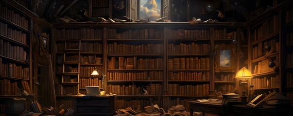 Mystical Vintage Library with Animated Characters. generative ai