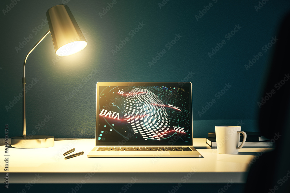 Poster Modern computer monitor with abstract creative fingerprint hologram, research and development concept. 3D Rendering