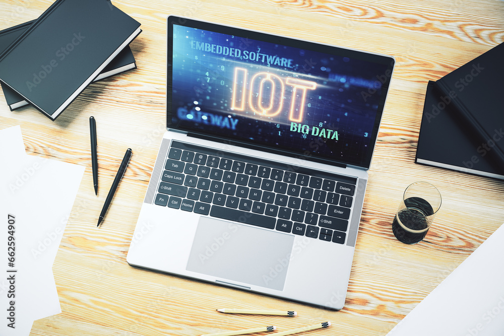 Poster creative iot concept on modern laptop screen. 3d rendering