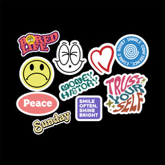 Fototapeta premium Sticker set collection pack Cute vector template decorated with cartoon image and aesthetic quotes graphic design