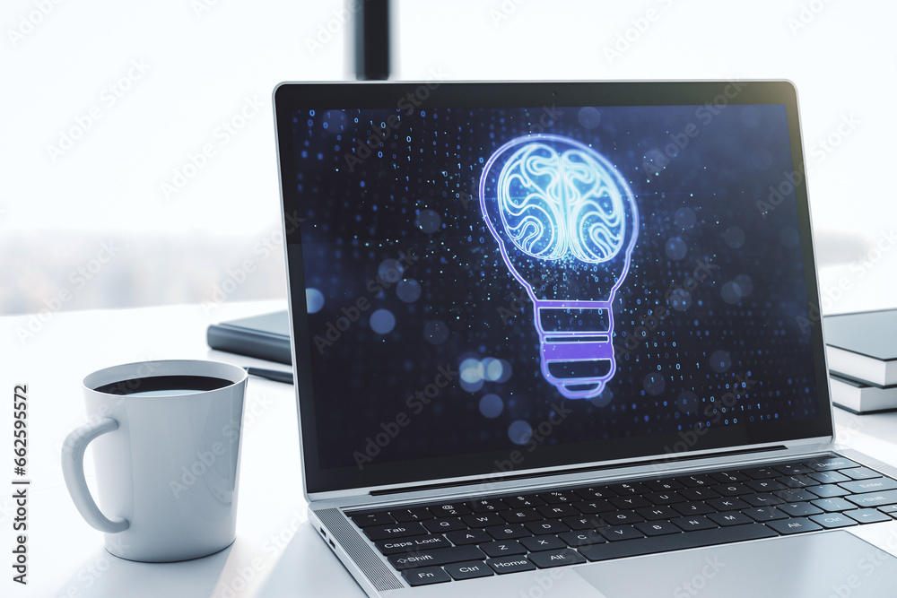 Aufkleber Modern computer monitor with creative light bulb hologram with human brain, idea and brainstorming concept. 3D Rendering