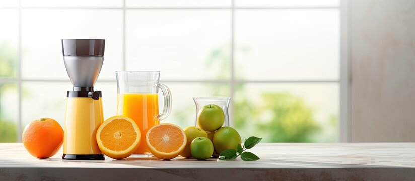 Contemporary juicer and citrus fruits with juice on kitchen table With copyspace for text - Powered by Adobe