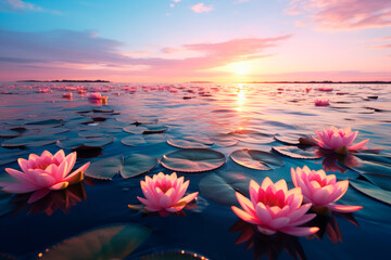 Many beautiful and fresh water lilies grow on the surface of the calm lake - Powered by Adobe