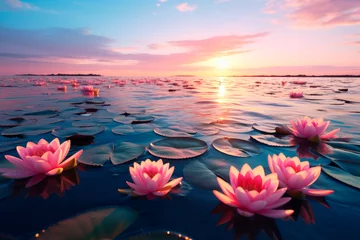 Foto op Canvas Many beautiful and fresh water lilies grow on the surface of the calm lake © graja