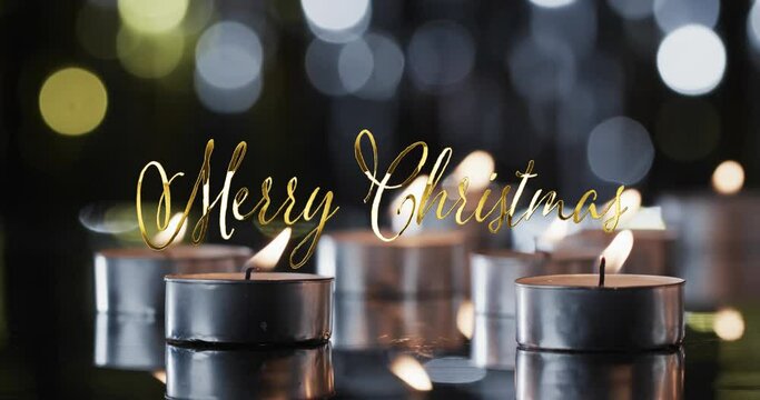 Animation of merry christmas text over tea candles on black background