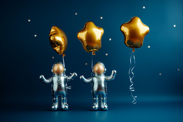 space themed birthday party: astronaut shaped foil balloons on a dark blue background