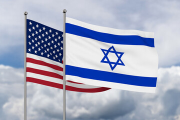 Israel and American flag on sky background. 3D illustration