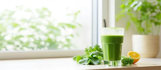  Asian woman enjoying a glass of fresh green juice at home With copyspace for text © 2rogan