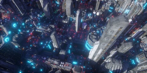 Neon urban future. Aerial view to an Industrial zone in a futuristic city. Wallpaper in a cyberpunk style. Grunge cityscape with bright neon lights and huge futuristic buildings. 3D illustration. - obrazy, fototapety, plakaty