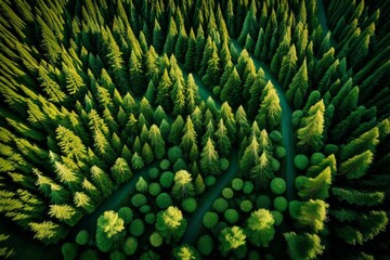 Drone view of amazing green forest with trees and bushes growing in countryside