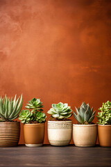 minimalistic brown background with succulents, with empty copy space