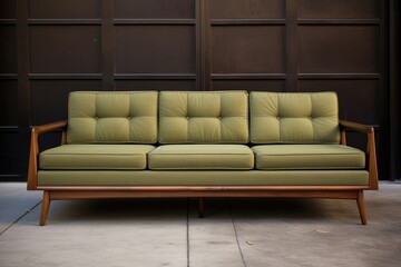 sleek, mid-century modern sofa marries walnut wood and earthy olive upholstery.