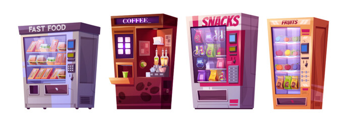 Vending machine with snack and drink illustration icon. Fruit, coffee, sandwich and juice dispenser for bar or parking. Convenience device to sell healthy product from slot clipart set graphic design.