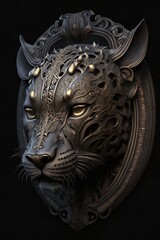 Digital art of a leopard head with a mask. The leopard has a fierce expression and is looking directly at the viewer.