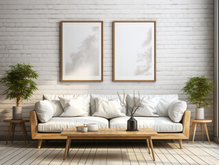 Mockup poster frame on the wall of living room. Luxurious apartment background with modern design
