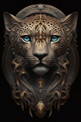 Mystical digital art of a leopard head with a blue mandala on its forehead. The leopard has piercing blue eyes and is staring directly at the viewer, creating a sense of intensity and power.