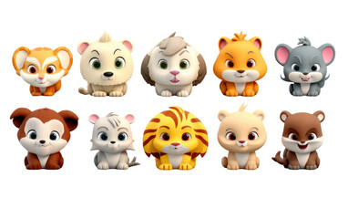 Colorful Wild Animals Collection Cute 3D Collection Isolated on Transparent Background PNG.