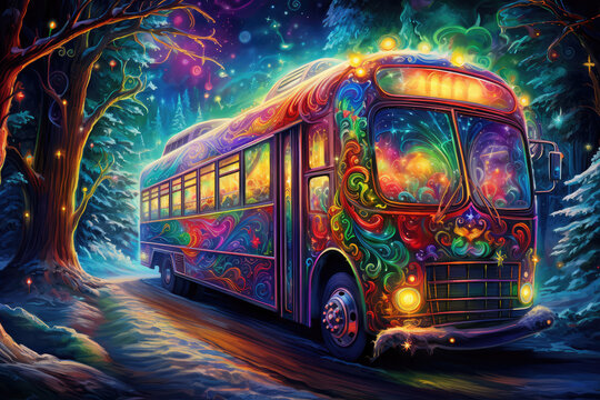 bus with decorations in the snow, colorful art, magical winter night scene