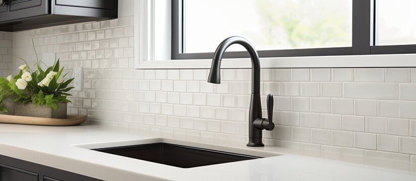 Detail shot of a farmhouse kitchen sink with black faucet mosaic tile backsplash marble countertops and white cabinets With copyspace for text
