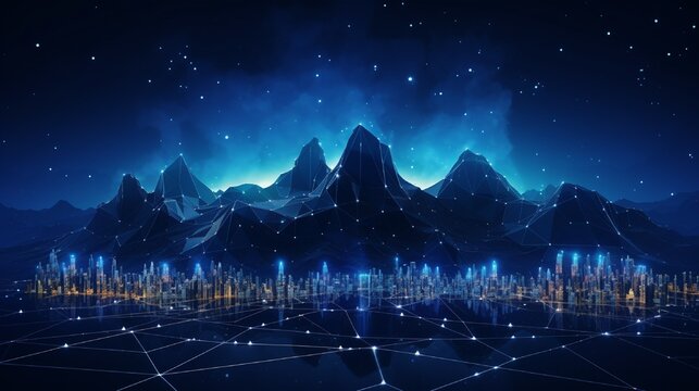 Large Data. A landscape of abstract digital mountains and flashing light dots. On a tech-themed blue background, a futuristic low poly wireframe vector image is displayed. Concept 
