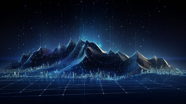 Large Data. A landscape of abstract digital mountains and flashing light dots. On a tech-themed blue background, a futuristic low poly wireframe vector image is displayed. Concept