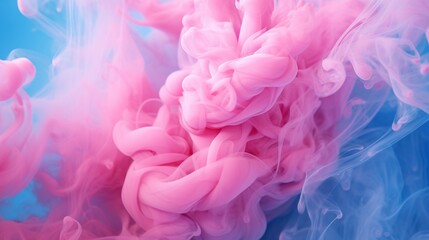 Stock image of pink smoke puffs over a blue background done in the manner of resin, juxtaposed imagery, and realistic hyper-detail - obrazy, fototapety, plakaty